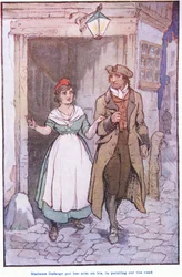 Madame Defarge mise le braccia sulle sue, indicando la strada